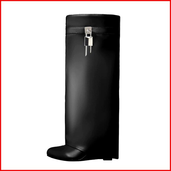 Knee High Wedge Heel Boots Wide Calf Pull On Fold Over Almond Toe